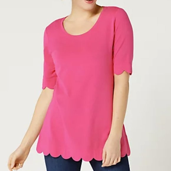 Isaac Mizrahi Elbow Sleeve Scallop Hem Knit Top  10993 - Picture 1 of 2
